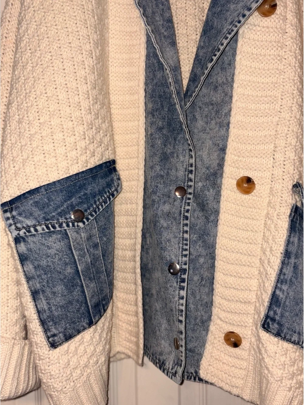 Altar'd State Hadley Cable Denim Mixed Cardigan Womens L Cream Jean Jacket